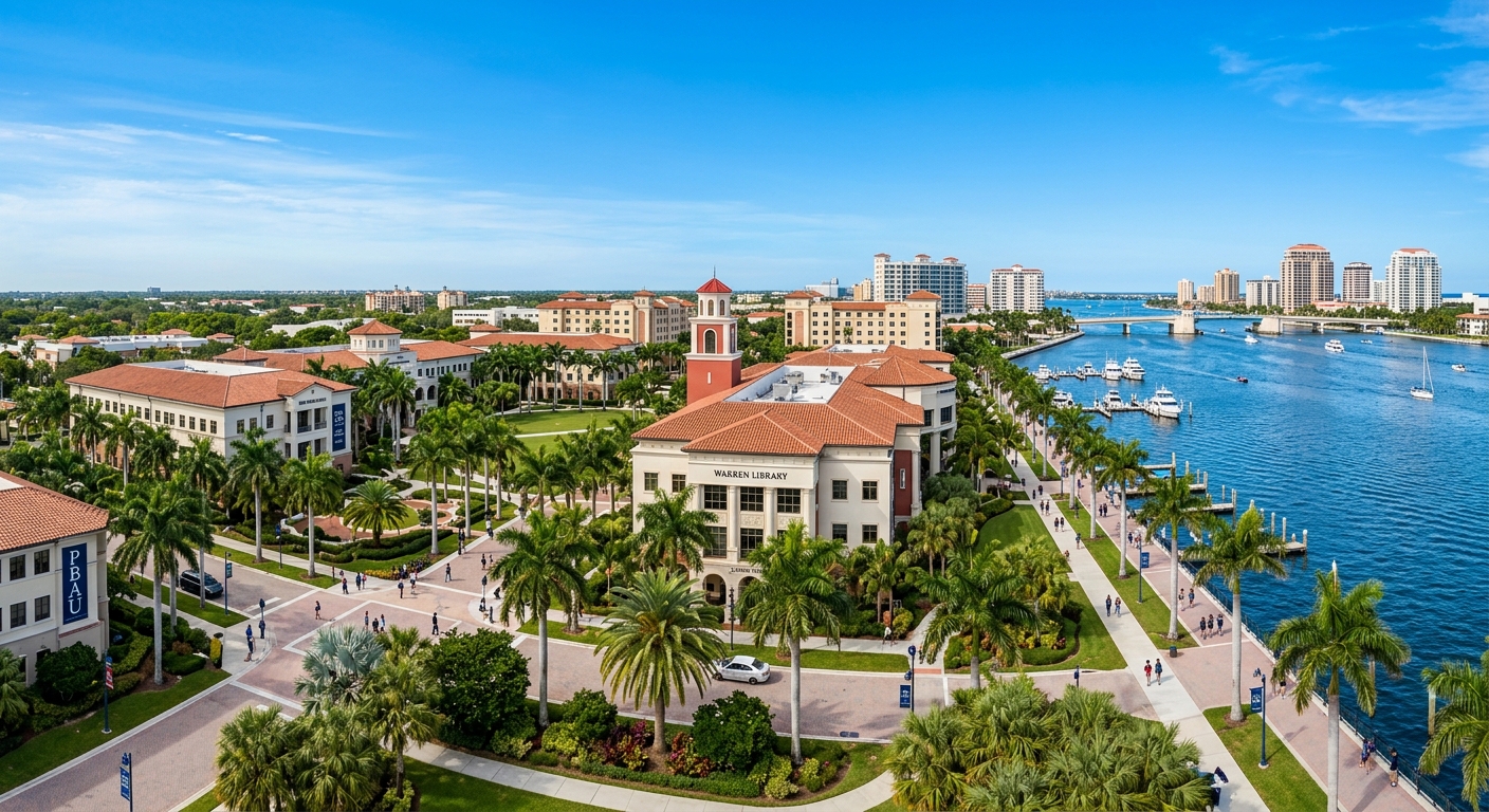 Palm Beach Atlantic University campus wide shot showing waterfront buildings along the Intracoastal Waterway in West Palm Beach, palm trees lining walkways, modern academic buildings with Mediterranean-style architecture, clear blue Florida sky