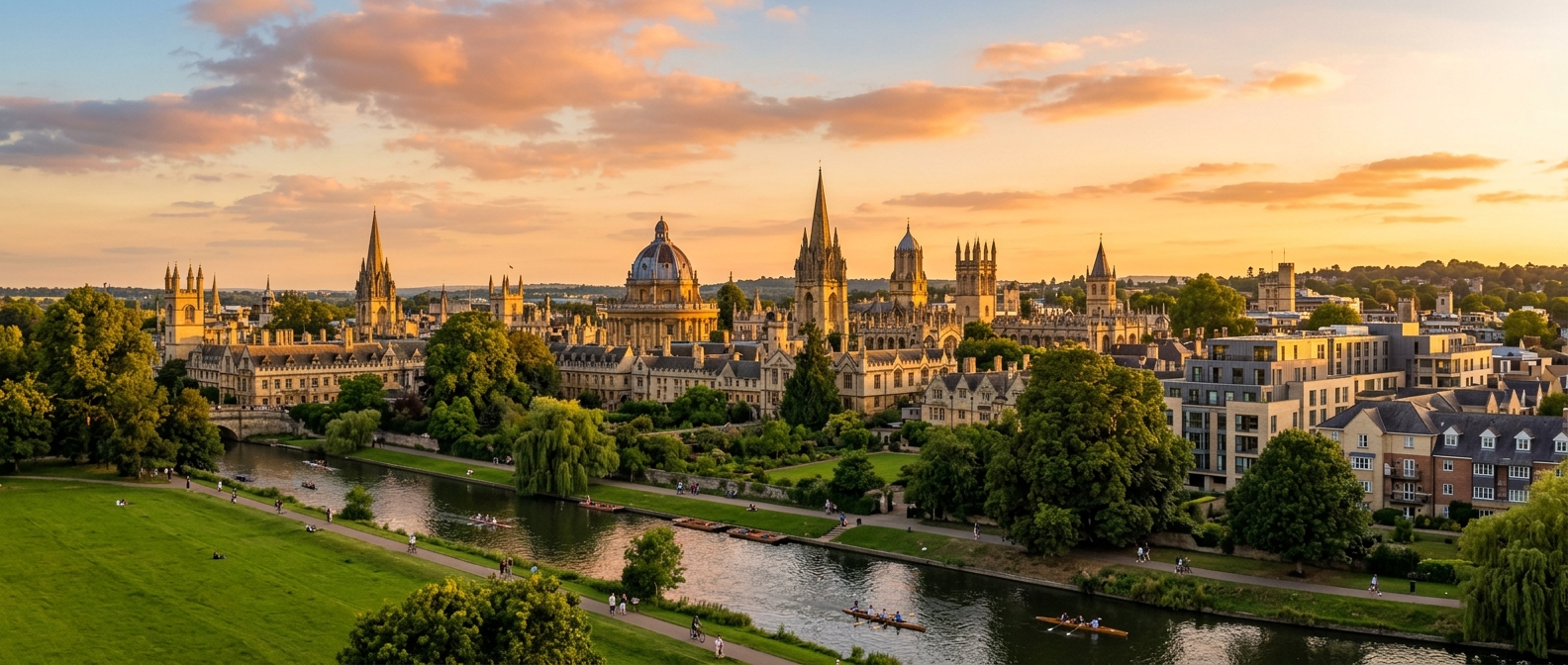 Panoramic view of Oxford city skyline, historic spires and dreaming towers, River Thames in foreground, green parkland, mix of medieval and modern architecture, golden hour lighting