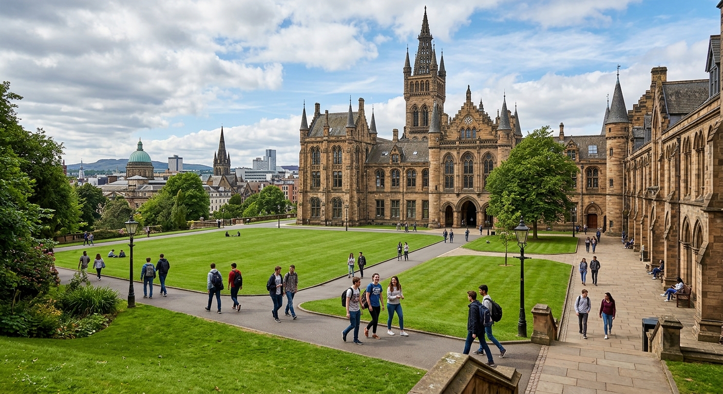University of Glasgow historic Gothic revival main building with green quadrangle lawn, students walking along pathways, Scottish cityscape in background under partly cloudy sky