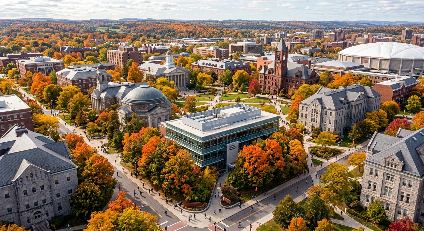 Aerial view of Syracuse University campus in autumn with orange and red foliage, Whitman School of Management building prominent, students walking on pathways between historic stone buildings