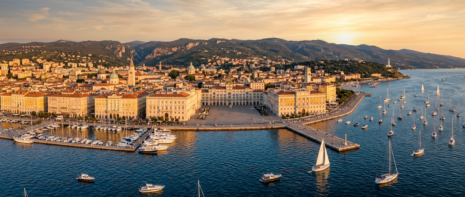 Panoramic view of Trieste city from the sea, Piazza Unita d'Italia waterfront, colorful Habsburg-era buildings, Gulf of Trieste with sailboats, Karst hills in background, golden hour light