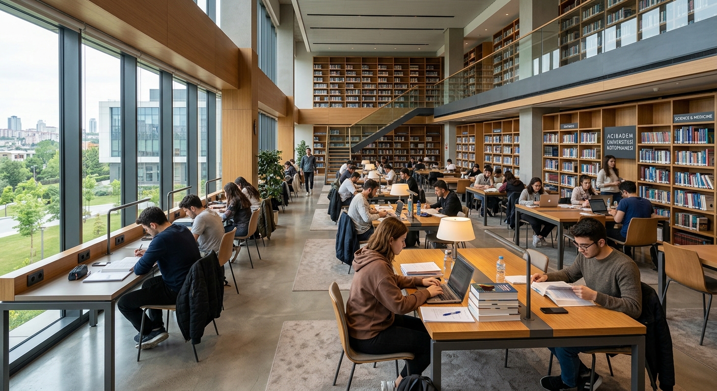 University library interior with modern study desks, bookshelves, and students studying at Acıbadem University