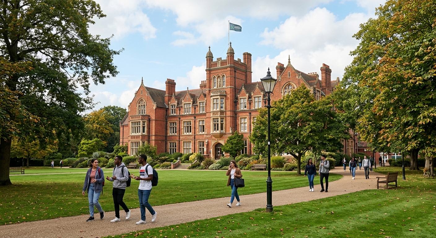 Historic Digby Stuart College building at the University of Roehampton campus in southwest London, red brick Victorian architecture surrounded by green parkland and mature trees, students walking along pathways
