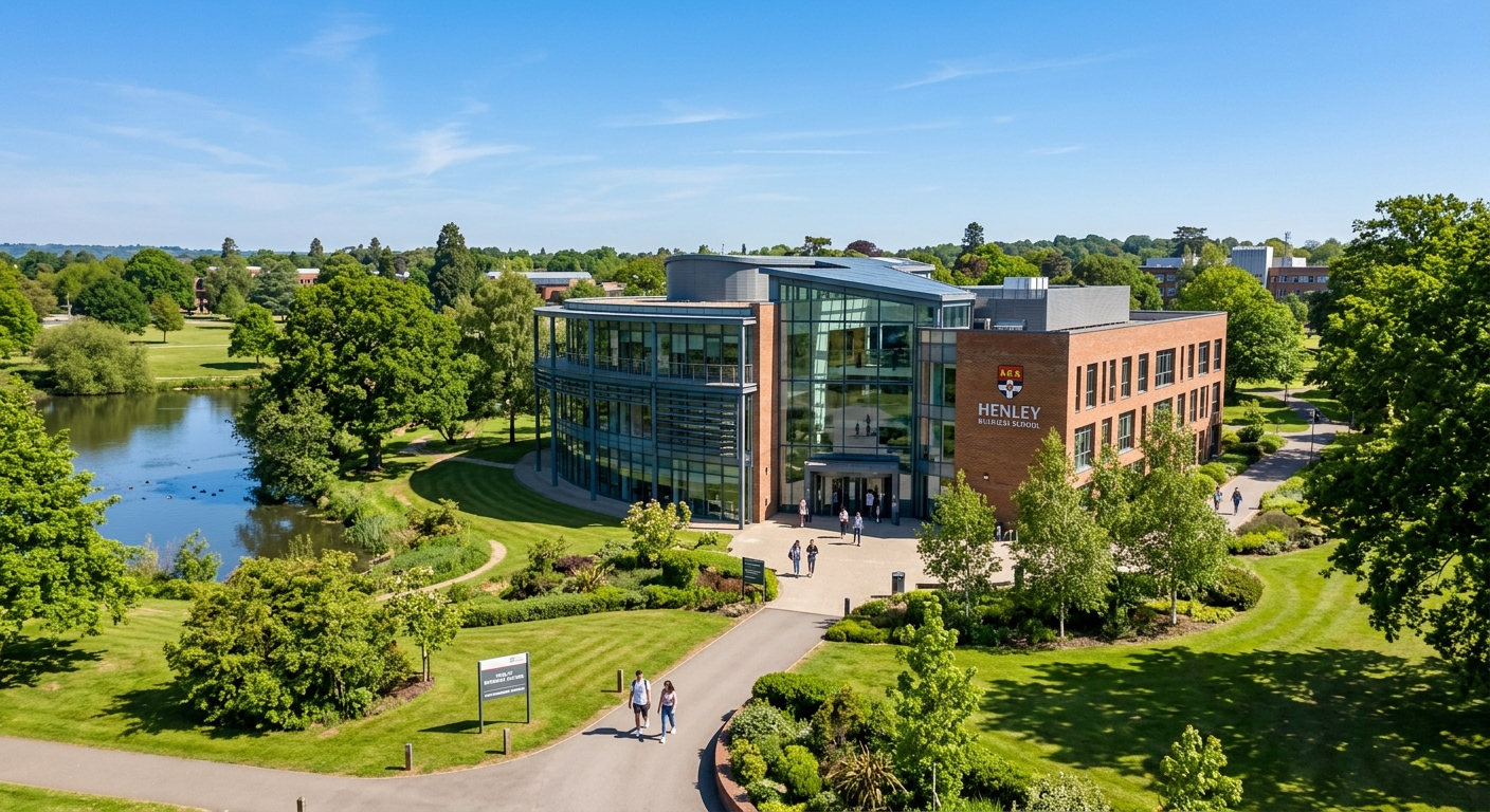Henley Business School Whiteknights campus wide shot, modern glass and brick business school building surrounded by lush green parkland, University of Reading, clear sky, academic setting