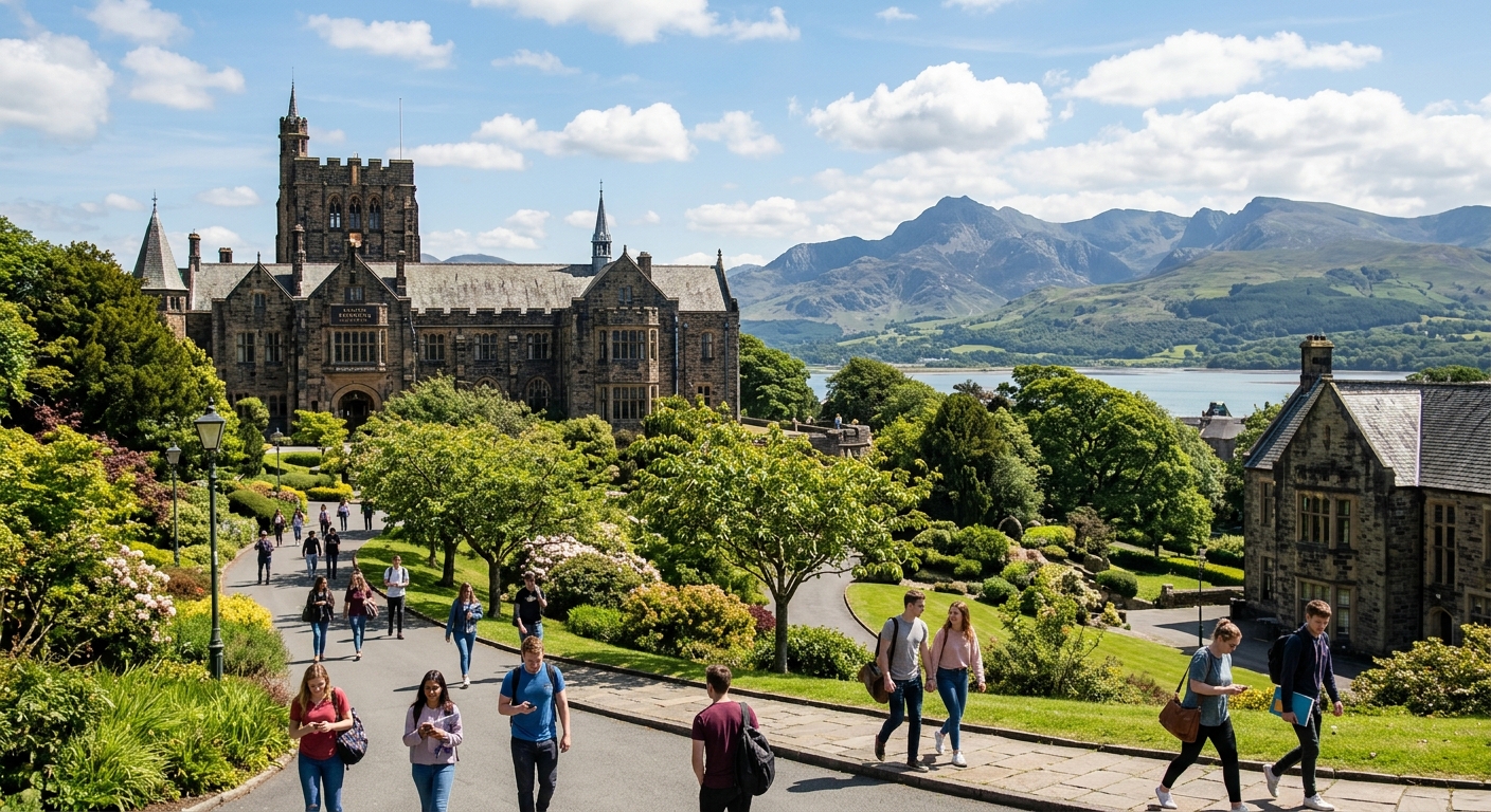 Bangor University campus with historic stone buildings set against the backdrop of Snowdonia mountains and the Menai Strait in North Wales, students walking along tree-lined paths on a bright day