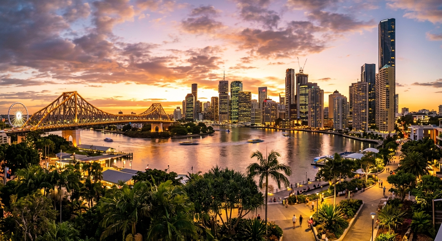 Brisbane city skyline at sunset, South Bank Parklands, Brisbane River, Story Bridge illuminated, modern skyscrapers, lush subtropical greenery, warm golden light