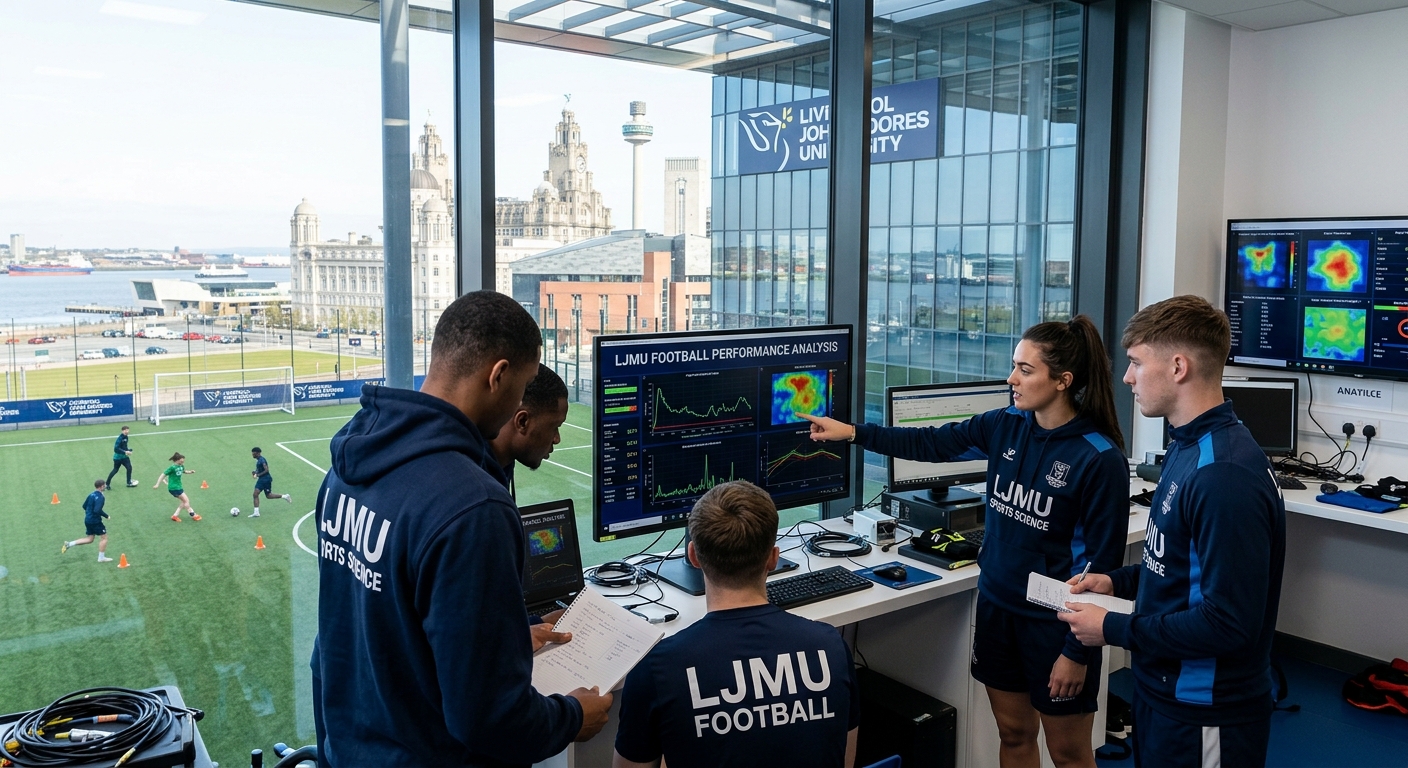 Liverpool John Moores University campus with modern sports science facilities, students in athletic training lab analyzing football performance data, Liverpool city skyline in background, bright daylight