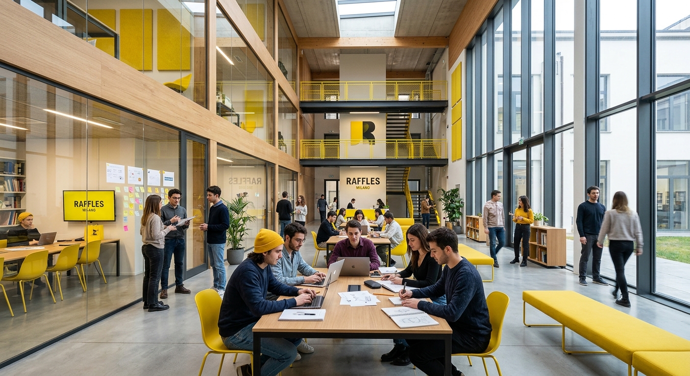 Raffles Milano communal atrium and social space, students gathering and collaborating, modern Italian architecture, glass partitions, yellow design accents