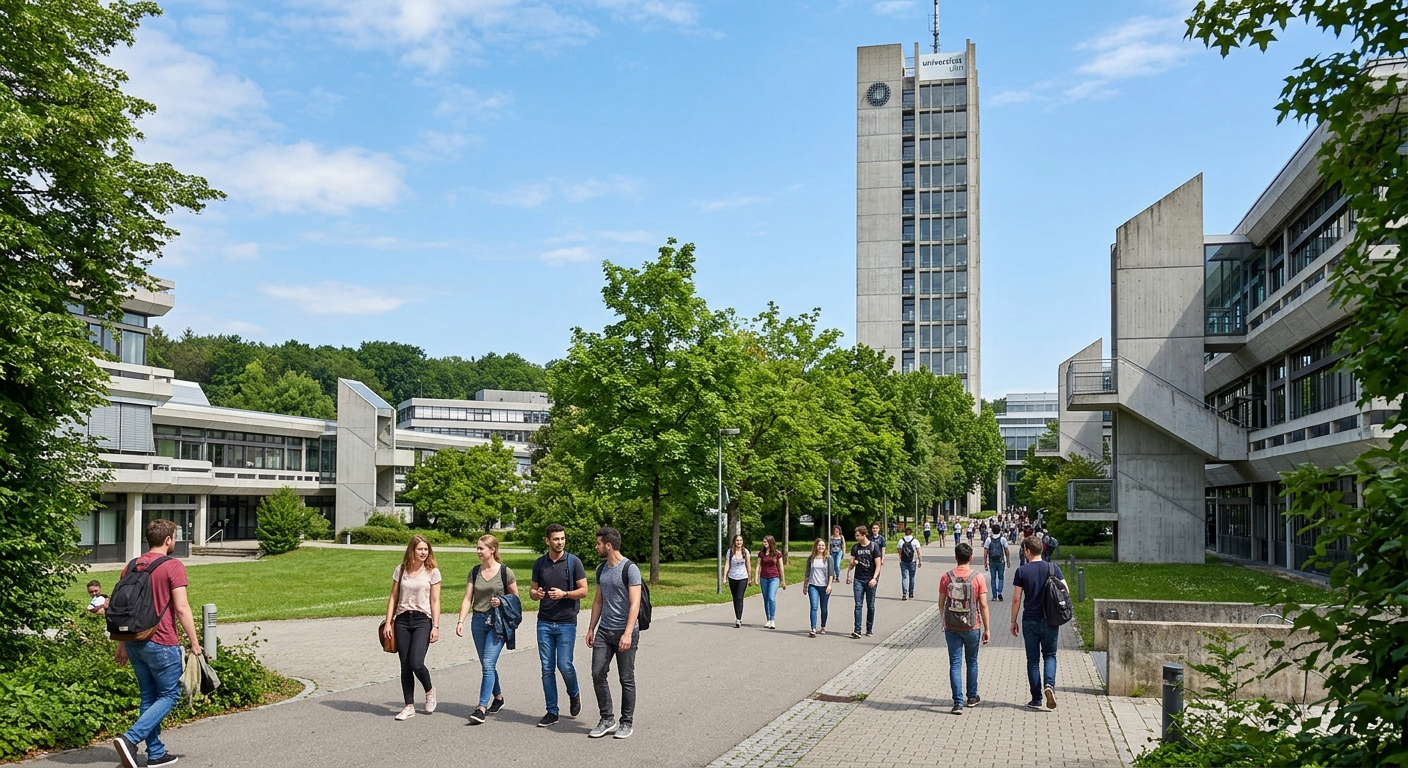 Modern university campus of the University of Ulm in Germany, futuristic concrete architecture surrounded by green trees, students walking along pathways with the iconic university tower visible against a blue sky