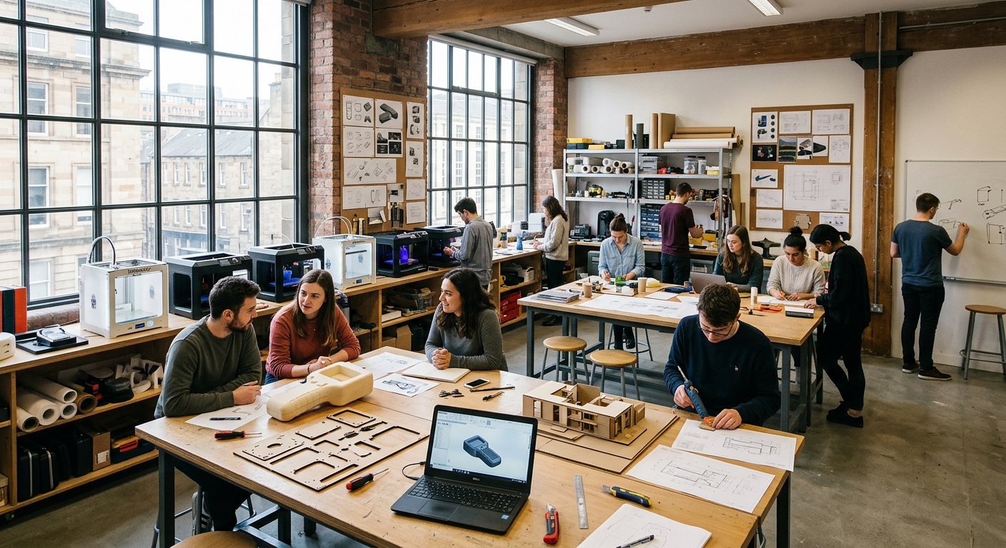 Modern design studio at Glasgow School of Art with students working on product prototypes, 3D models and engineering drawings on large tables, natural light streaming through tall windows, creative tools and materials visible