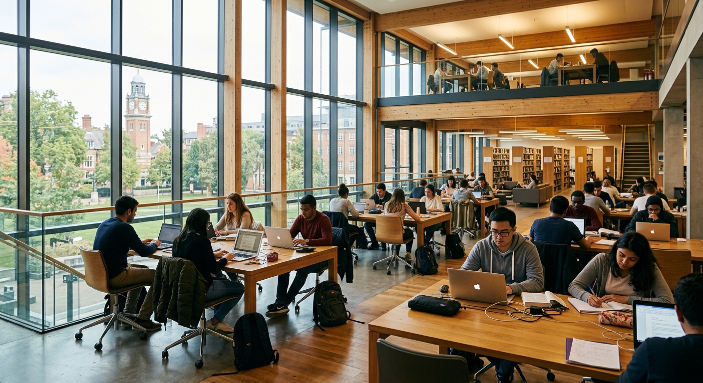 Queen Mary University library interior, modern open-plan study spaces, floor-to-ceiling windows, students studying at desks with laptops, warm lighting