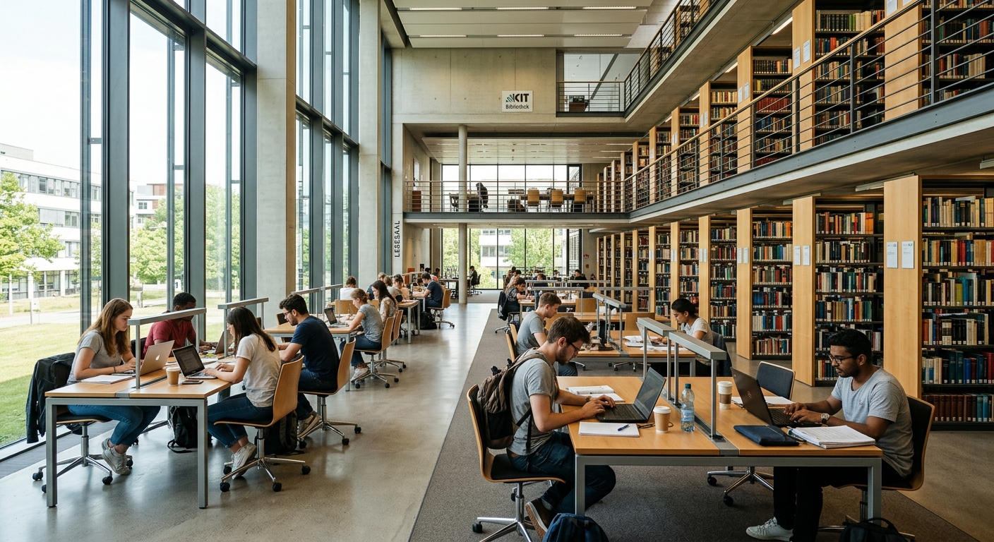 KIT library interior with modern open study spaces, floor-to-ceiling bookshelves, students working at desks with laptops, natural light streaming through large windows