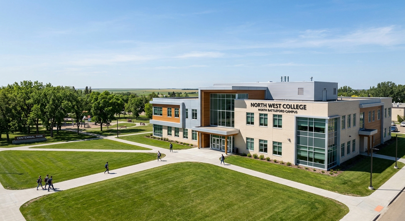 North West College North Battleford campus main building, modern educational facility next to Centennial Park, Saskatchewan prairie setting, green lawns