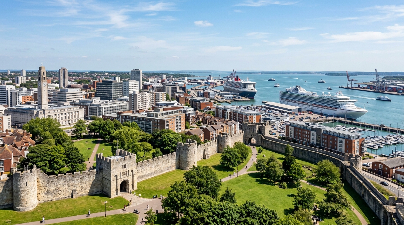Southampton cityscape panorama showing the waterfront and docks, historic medieval walls in the foreground, modern city buildings, cruise ships in the port, green parks, sunny day with blue sky