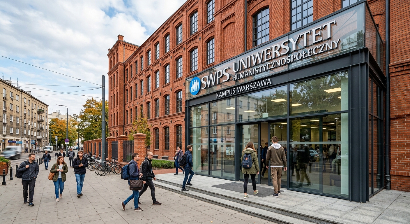 SWPS University Warsaw main campus, renovated red brick industrial building from the 1920s, modern glass entrance, students entering the building, urban Praga district setting