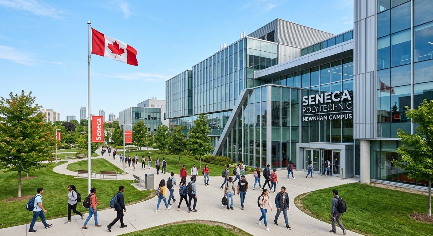 Modern Seneca Polytechnic Newnham Campus building in Toronto with students walking on pathways, contemporary glass and steel architecture, Canadian flag visible, green landscaped grounds under clear blue sky