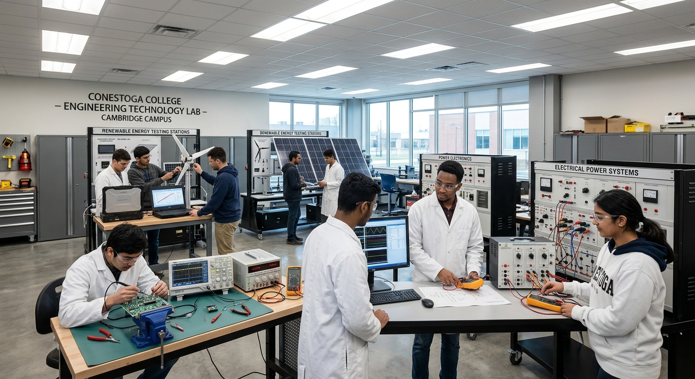 Modern engineering laboratory at Conestoga College Cambridge campus with students working on electrical power systems equipment, circuit boards, and renewable energy testing stations under bright fluorescent lighting