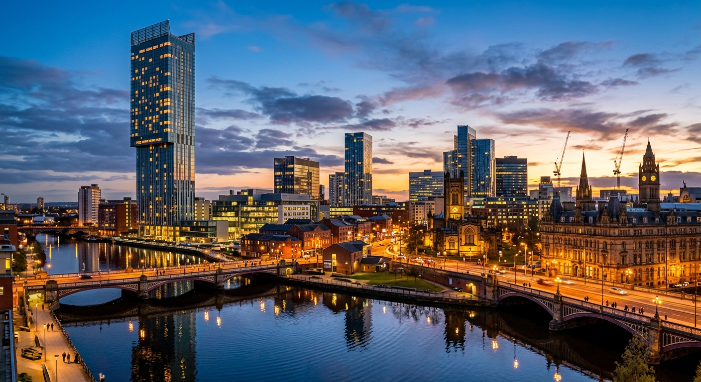 Manchester city skyline at dusk, modern skyscrapers and historic architecture, Beetham Tower prominent, warm evening lights reflected in water, vibrant urban landscape