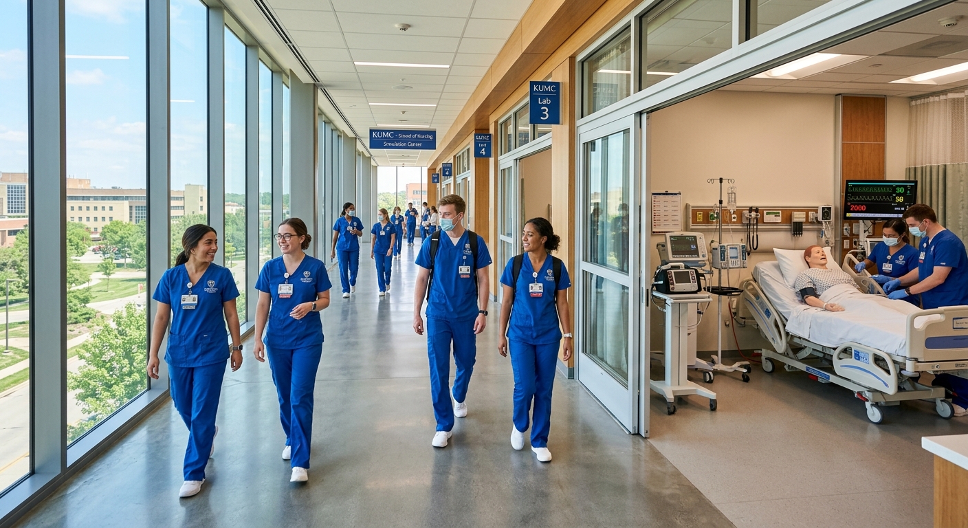 University of Kansas Medical Center campus in Kansas City, Kansas, with modern nursing simulation labs, students in scrubs walking through a sunlit corridor, clinical training environment with medical equipment visible