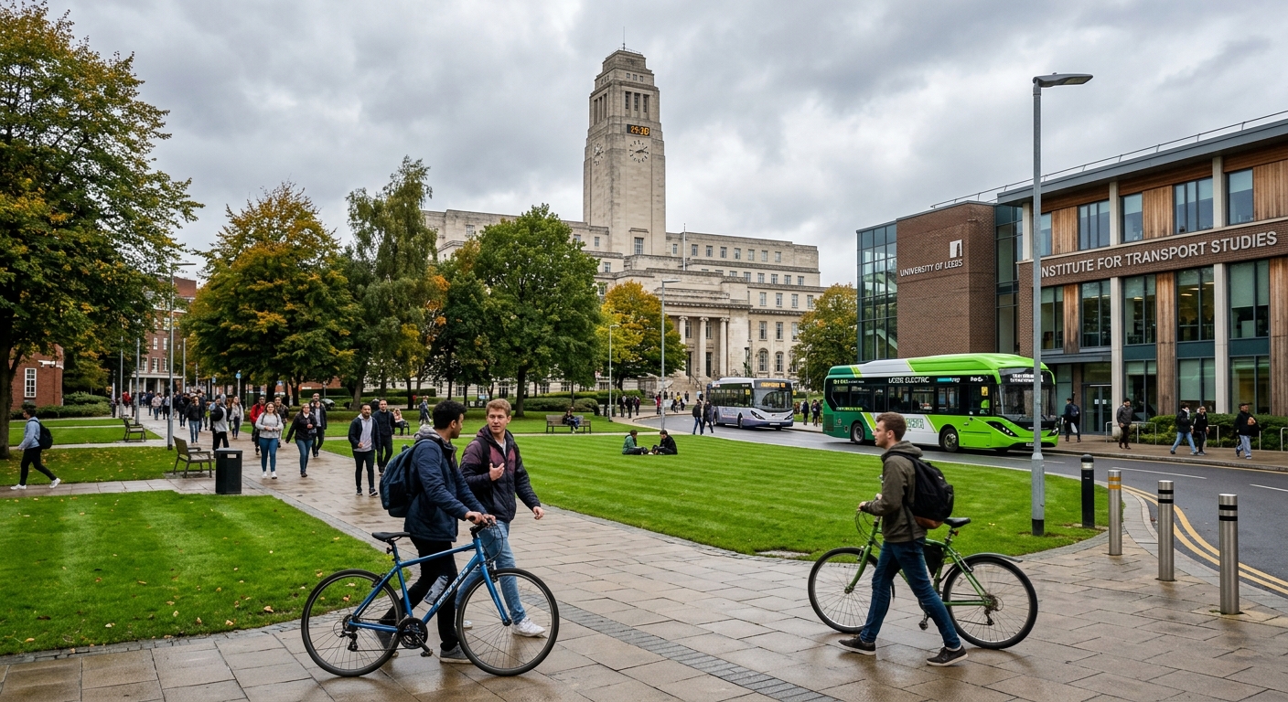University of Leeds campus with the Parkinson Building tower, green lawns, and modern Institute for Transport Studies building, students walking with bicycles and electric buses in the background, overcast British sky