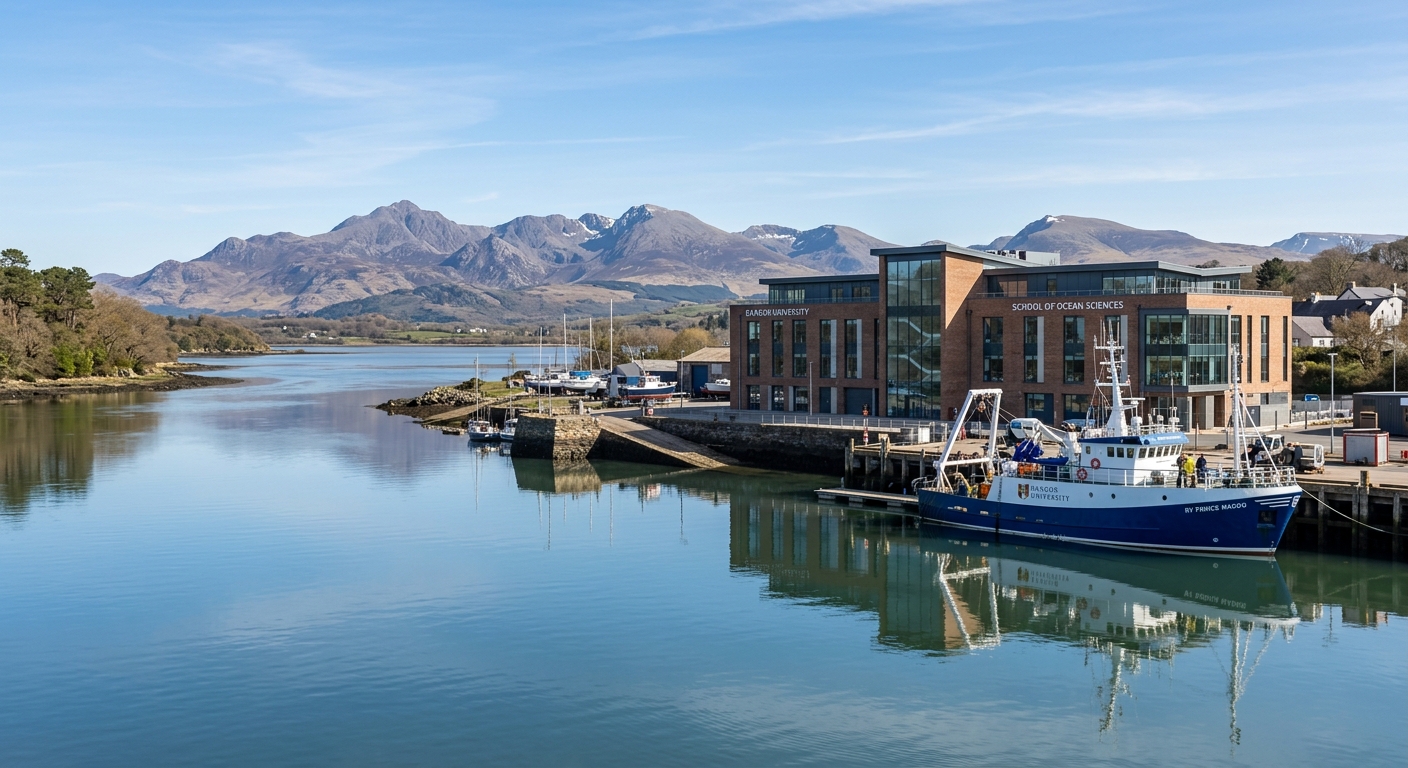 Bangor University School of Ocean Sciences building on the Menai Strait coastline, North Wales, with research vessel docked nearby, mountains of Snowdonia visible in the background, clear sky reflecting on calm waters