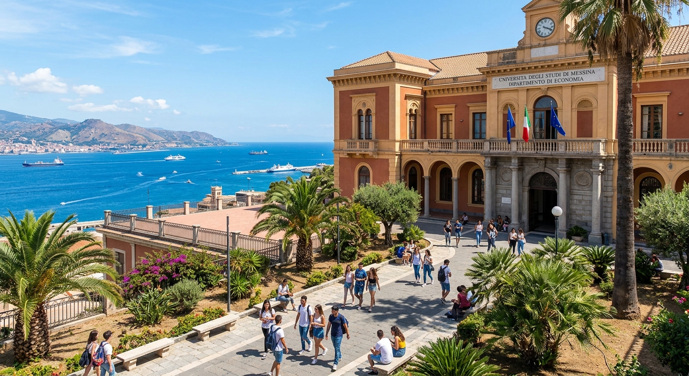 University of Messina campus with Mediterranean architecture, palm trees and sea views of the Strait of Messina in Sicily, students walking near the Department of Economics building under clear blue skies