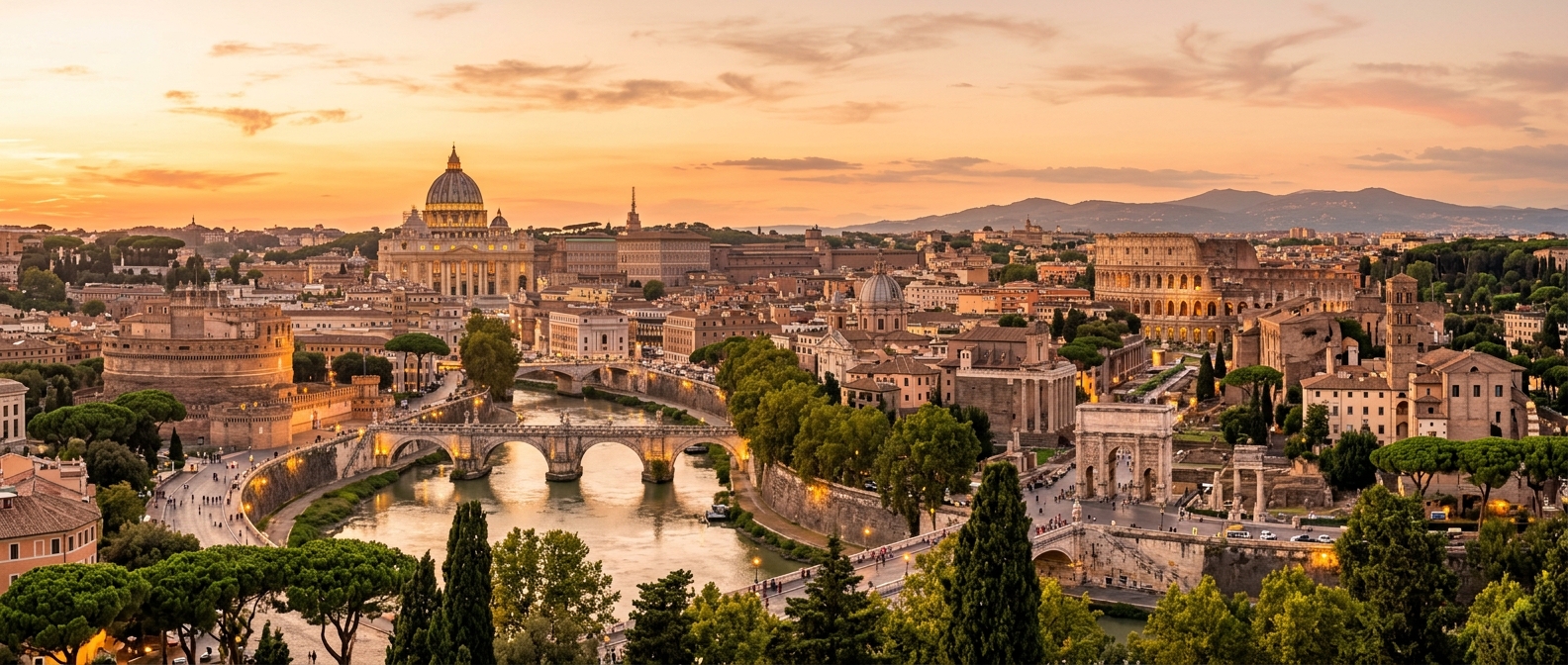 Panoramic view of Rome skyline at golden hour with the Colosseum, St. Peter's Basilica dome, Tiber River, and ancient ruins visible among terracotta rooftops and green umbrella pines
