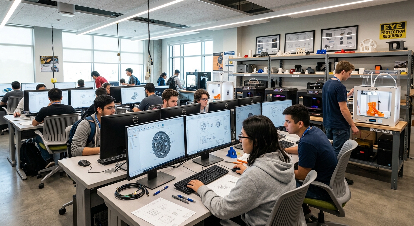 Modern college drafting lab with students working on CAD software at computer workstations, 3D printers producing prototypes in the background, bright overhead lighting, technical blueprints displayed on screens