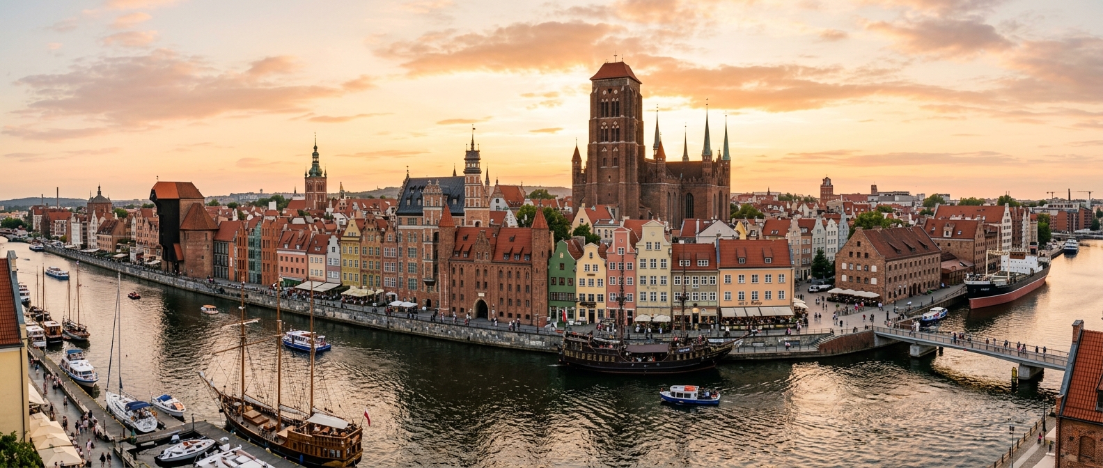 Panoramic view of Gdansk Old Town along Motlawa River, colorful merchant houses, Gothic architecture, St. Mary's Church tower, boats in harbor, golden hour lighting