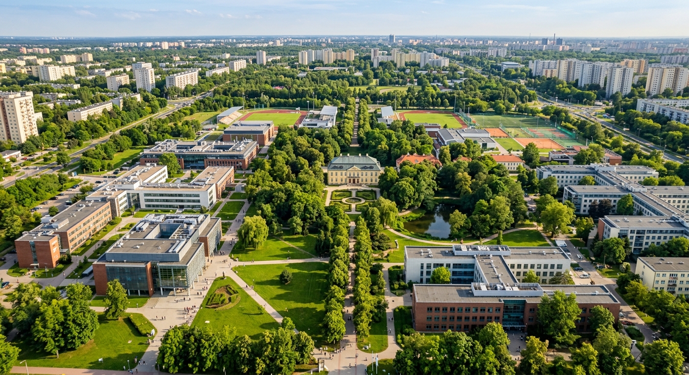 Warsaw University of Life Sciences SGGW campus wide aerial view, modern university buildings surrounded by green parkland in Ursynow district, tree-lined pathways, historic palace visible among contemporary architecture, warm daylight