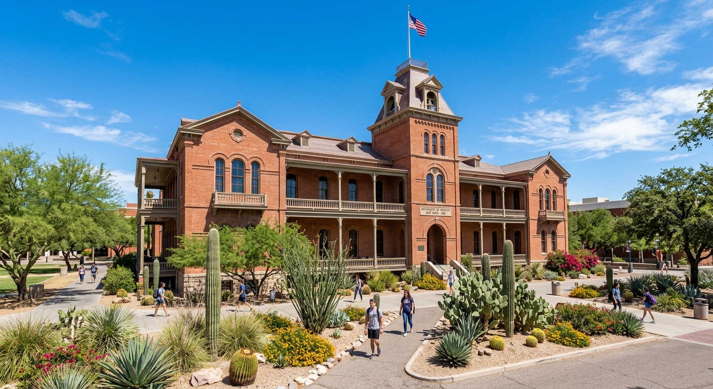 University of Arizona Old Main historic building with red brick facade, arched windows, and lush desert landscaping under bright blue sky