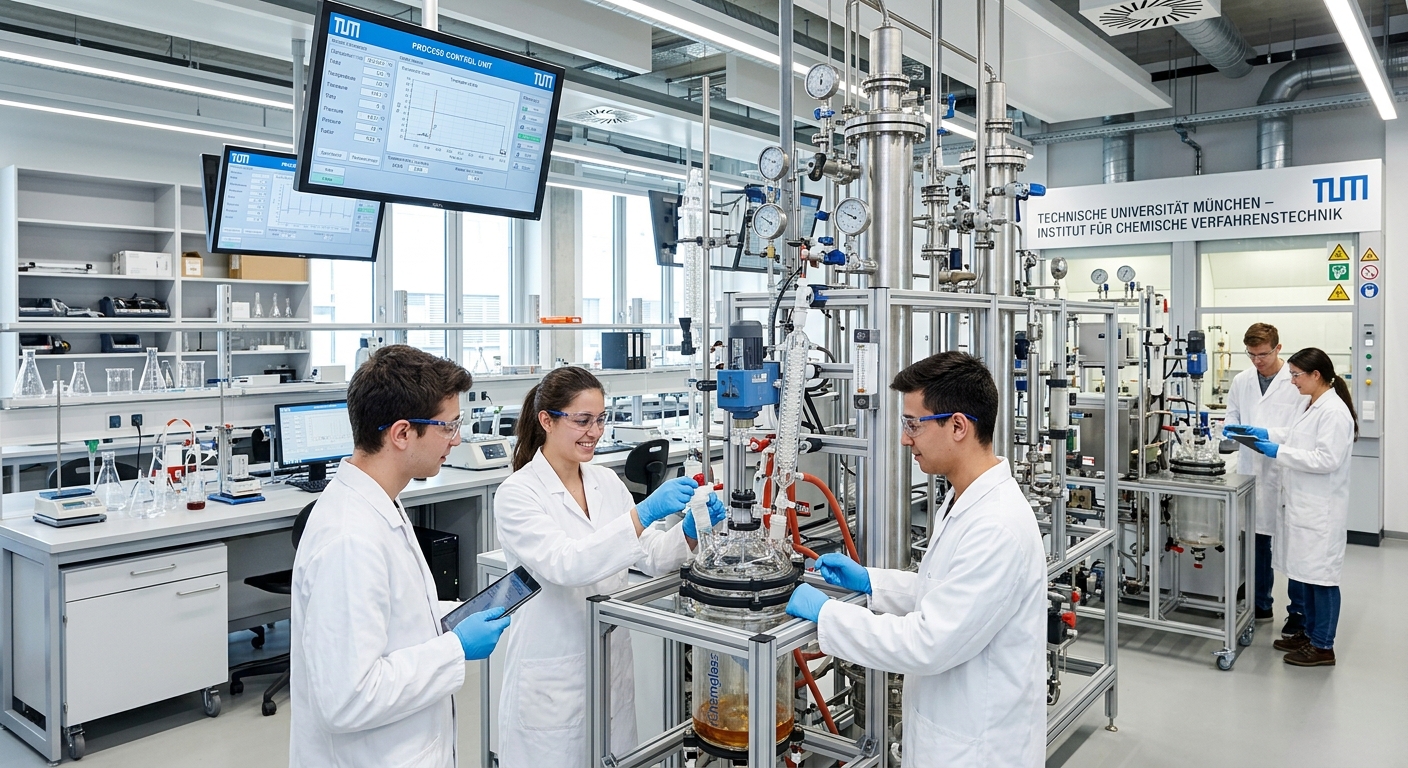Modern chemical engineering laboratory with students conducting experiments, industrial process equipment, glass reactors and digital monitoring screens, bright well-lit facility at Technical University of Munich campus