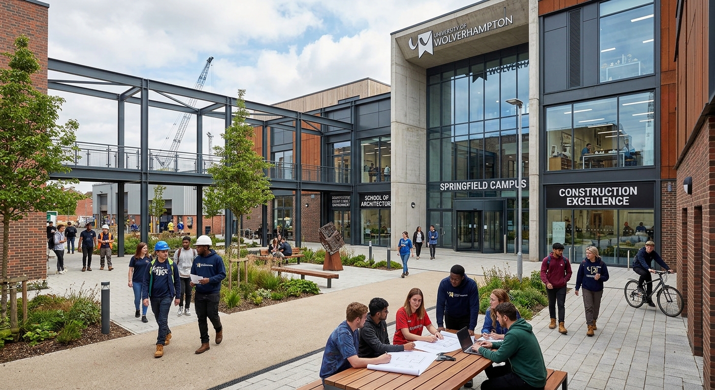 University of Wolverhampton Springfield Campus, modern construction and built environment training facility, industrial design architecture, open courtyard with students