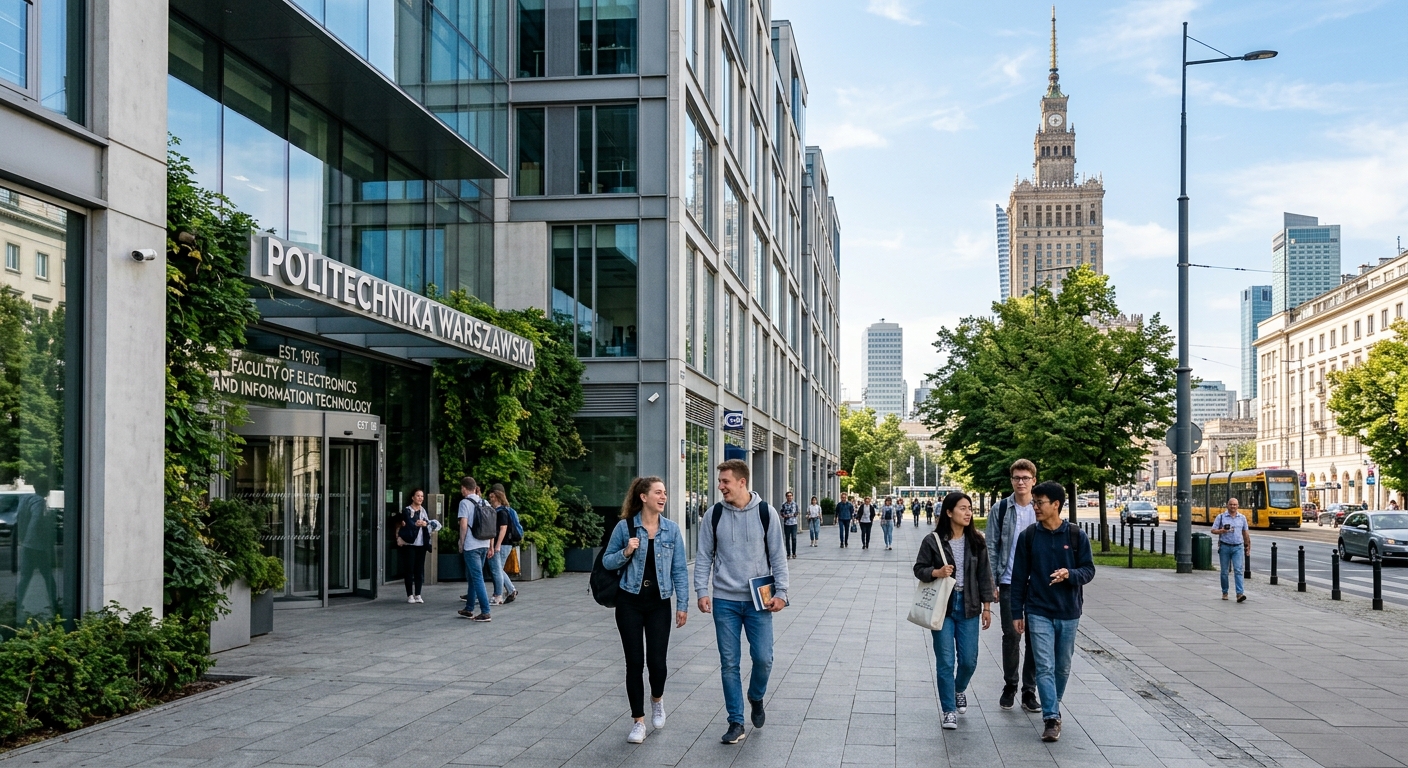 Modern university building in central Warsaw Poland with international students walking near the entrance, European city architecture in the background, sunny day with trees lining the street