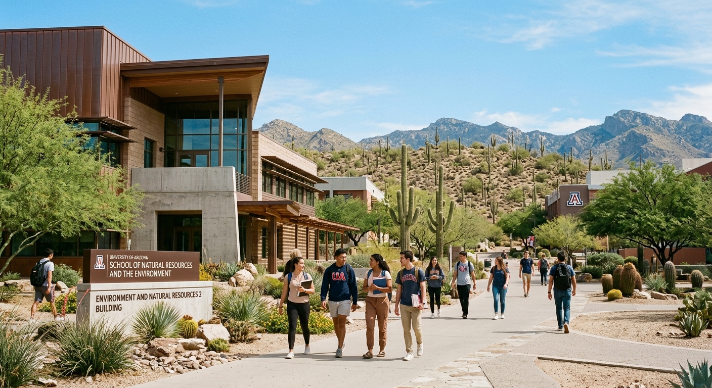 University of Arizona campus in Tucson with arid desert landscape, saguaro cacti in the background, students walking near the School of Natural Resources and the Environment building under a clear blue sky