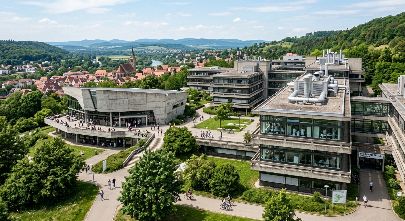 Modern science buildings of the Morgenstelle campus on a green hilltop north of Tübingen, featuring concrete and glass architecture from the 1970s with research laboratories and a large student refectory