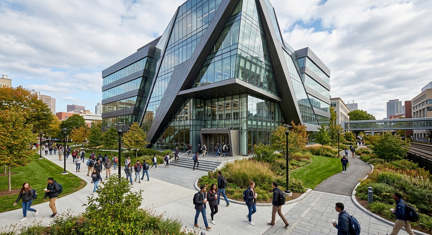 Northeastern University Interdisciplinary Science and Engineering Complex (ISEC), a modern glass and steel research building with angular architecture, students walking on pathways surrounded by green landscaping