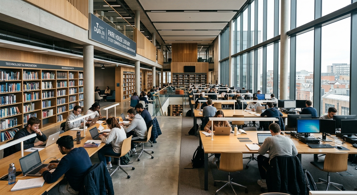 TU Dublin Park House Library interior, modern open-plan study space, natural light, students studying at desks, bookshelves and digital workstations
