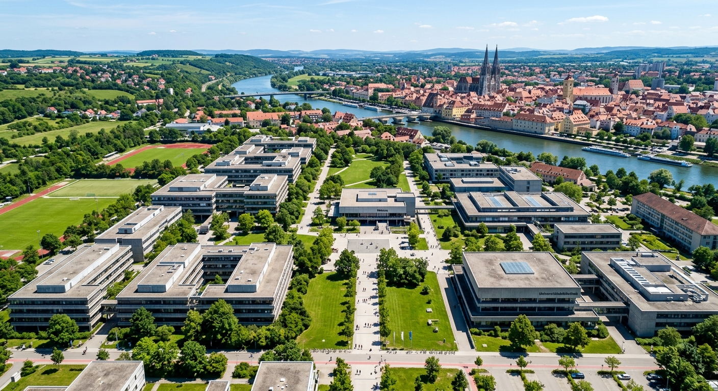 Aerial view of University of Regensburg modern campus with flat-roofed concrete and glass faculty buildings, green lawns, and tree-lined walkways, Danube River and Regensburg medieval old town skyline in the background, clear blue sky