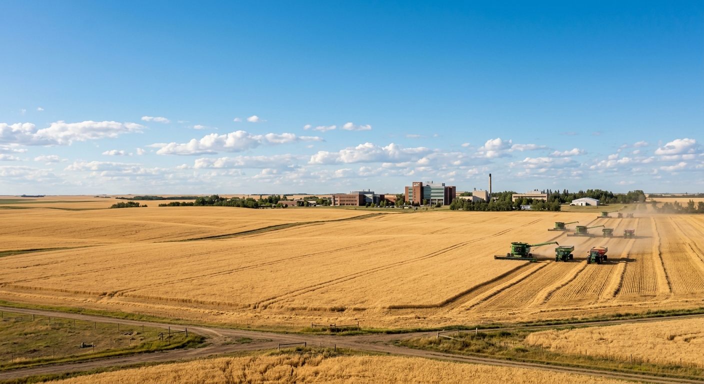 Expansive Saskatchewan farmland with golden wheat fields under a wide blue sky, modern agricultural machinery in the background, Saskatchewan Polytechnic Moose Jaw campus buildings visible in the distance