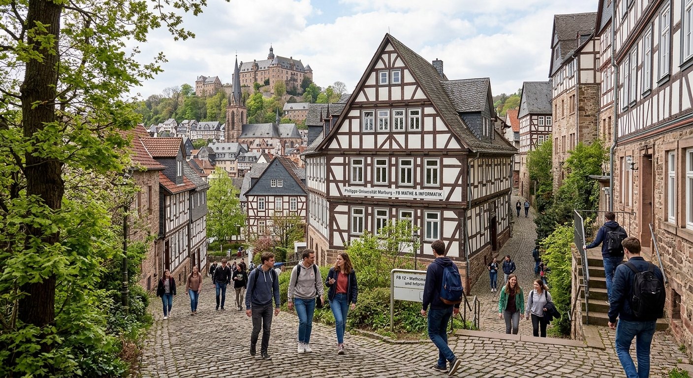 Historic Philipps-Universität Marburg campus with medieval architecture, half-timbered buildings on a hillside, students walking through cobblestone paths, green trees surrounding the Faculty of Mathematics and Computer Science building in Marburg, Germany