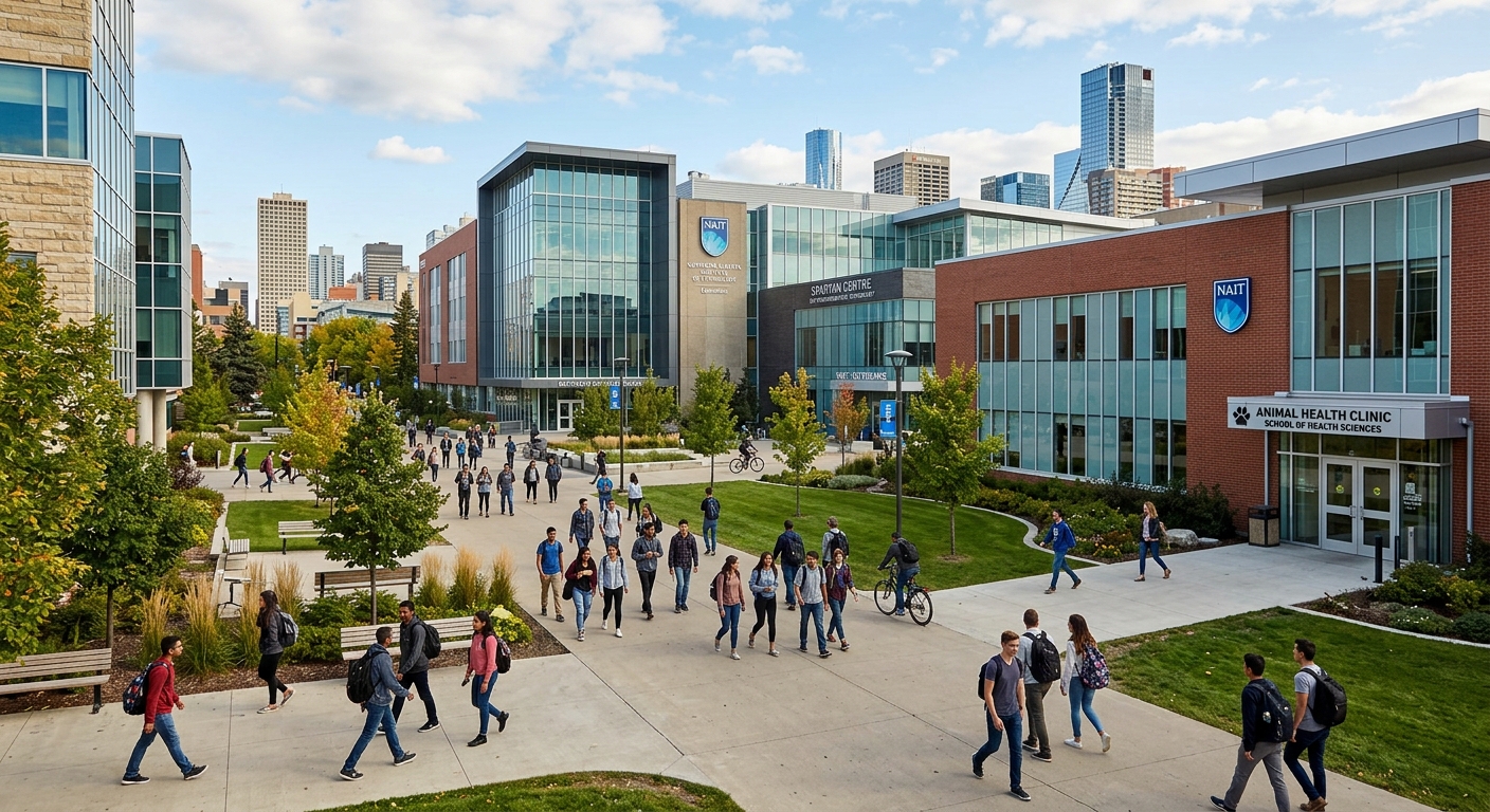 NAIT campus in Edmonton Alberta with modern polytechnic buildings, students walking between facilities, veterinary clinic visible, Canadian urban campus setting with green spaces and contemporary architecture