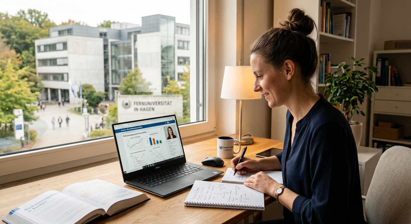Modern distance learning setup with a professional studying economics on a laptop, FernUniversität in Hagen campus building in the background, digital study materials and risk management charts visible on screen, warm natural lighting
