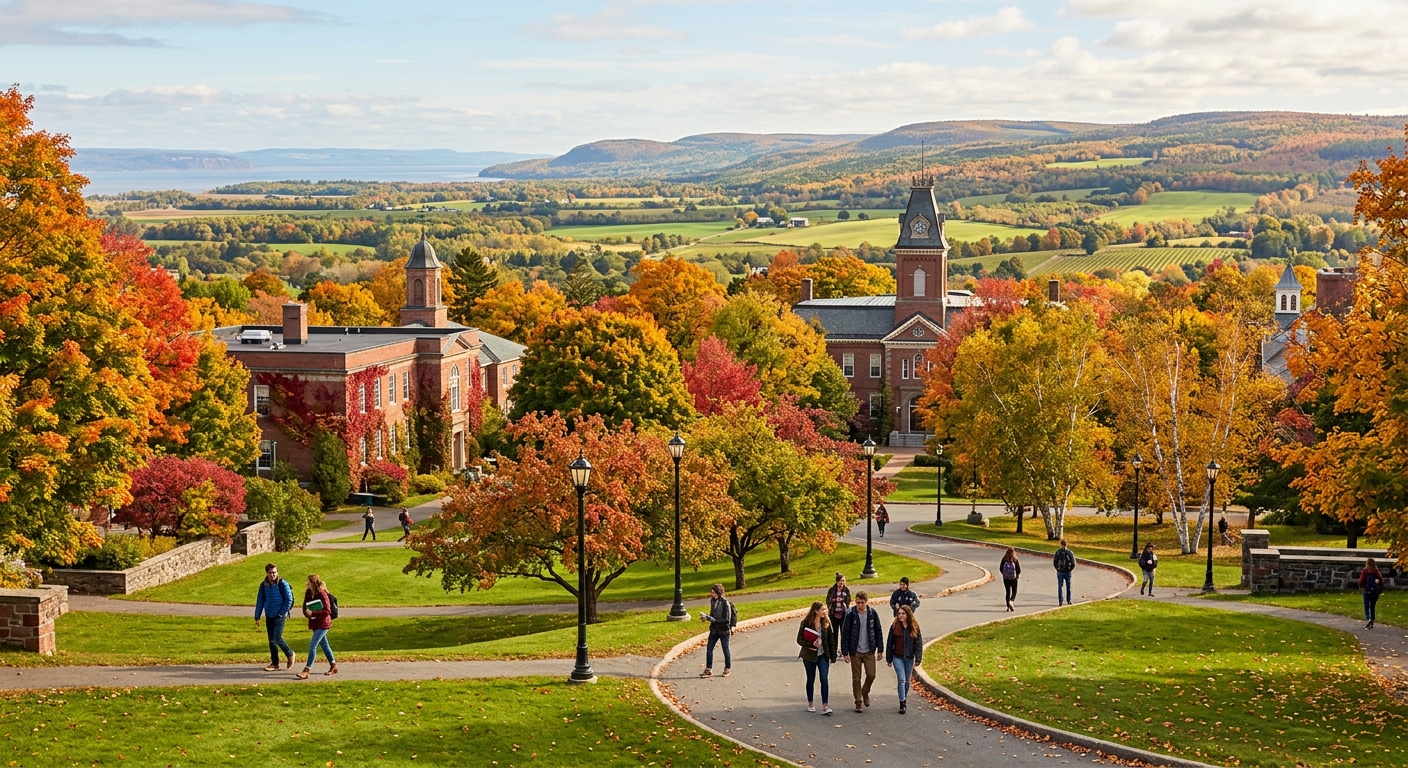 Acadia University campus in Wolfville Nova Scotia during autumn, historic brick buildings surrounded by colorful fall foliage, students walking along tree-lined pathways, rolling green lawns with Annapolis Valley in the background