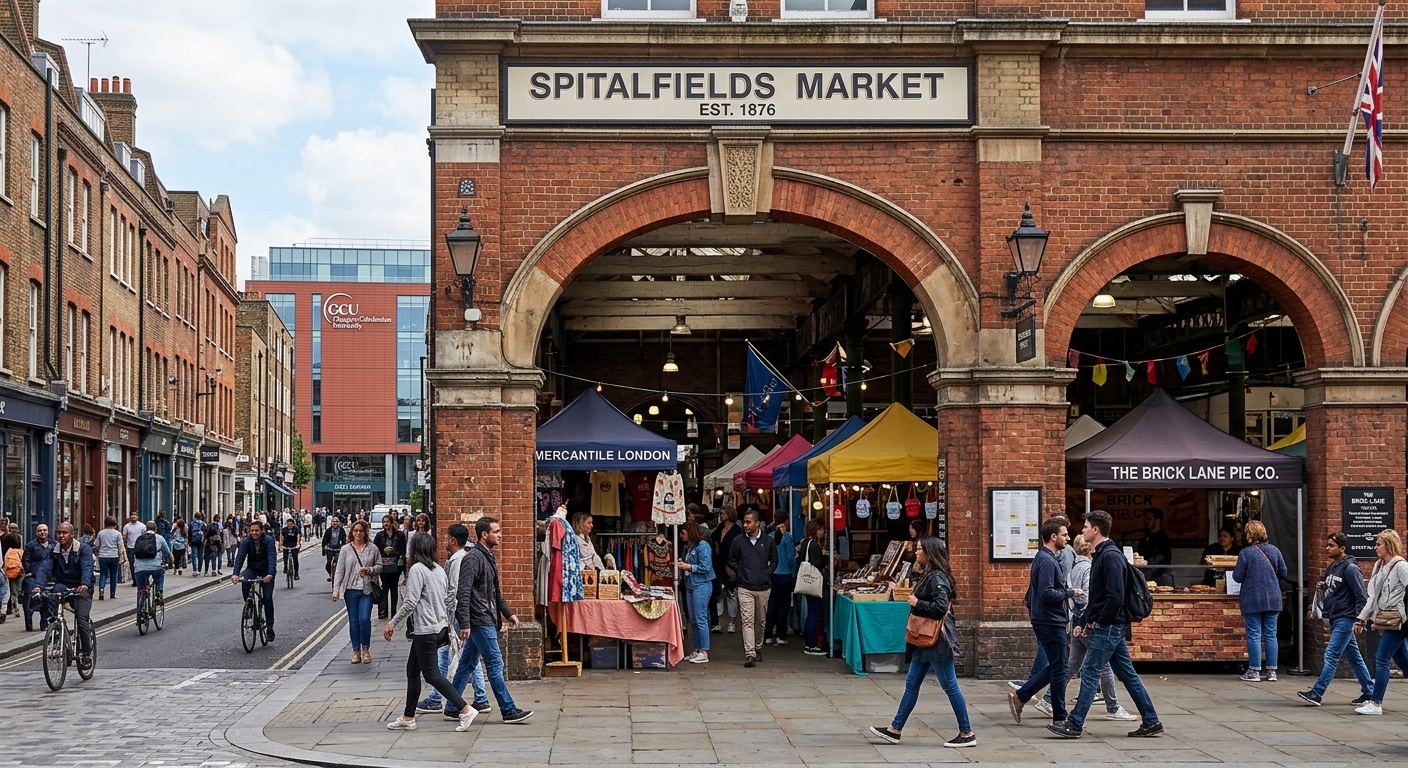 Spitalfields Market exterior with brick archways, colourful market stalls, pedestrians walking, GCU London campus visible in background on Fashion Street
