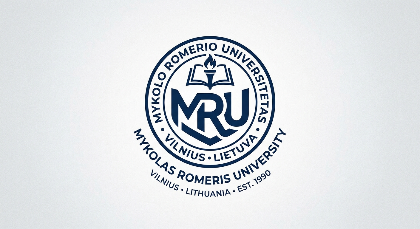 Mykolas Romeris University official logo, stylized MRU monogram in dark blue, clean modern university emblem
