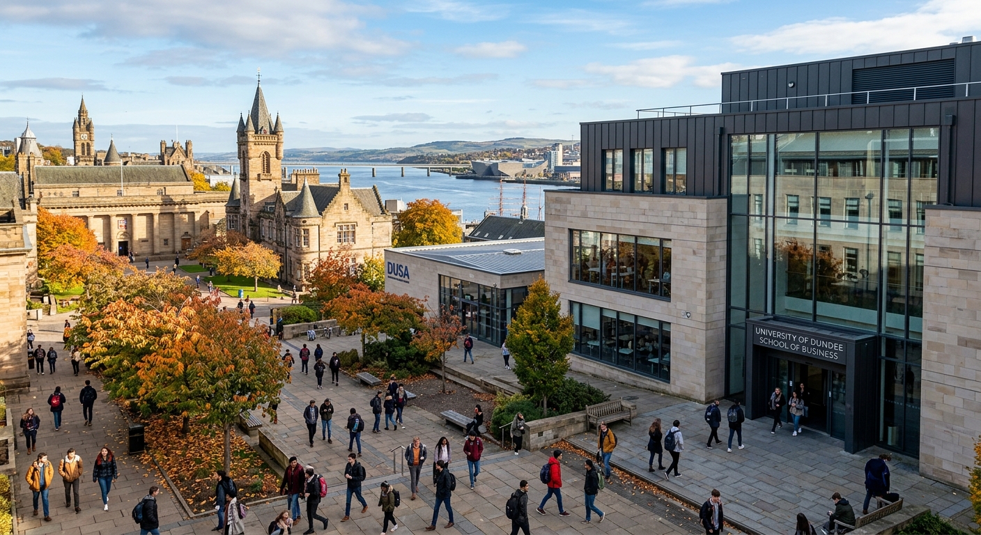 University of Dundee campus with modern School of Business building, students walking across the courtyard, historic Scottish architecture in the background, River Tay visible in the distance, bright autumn day