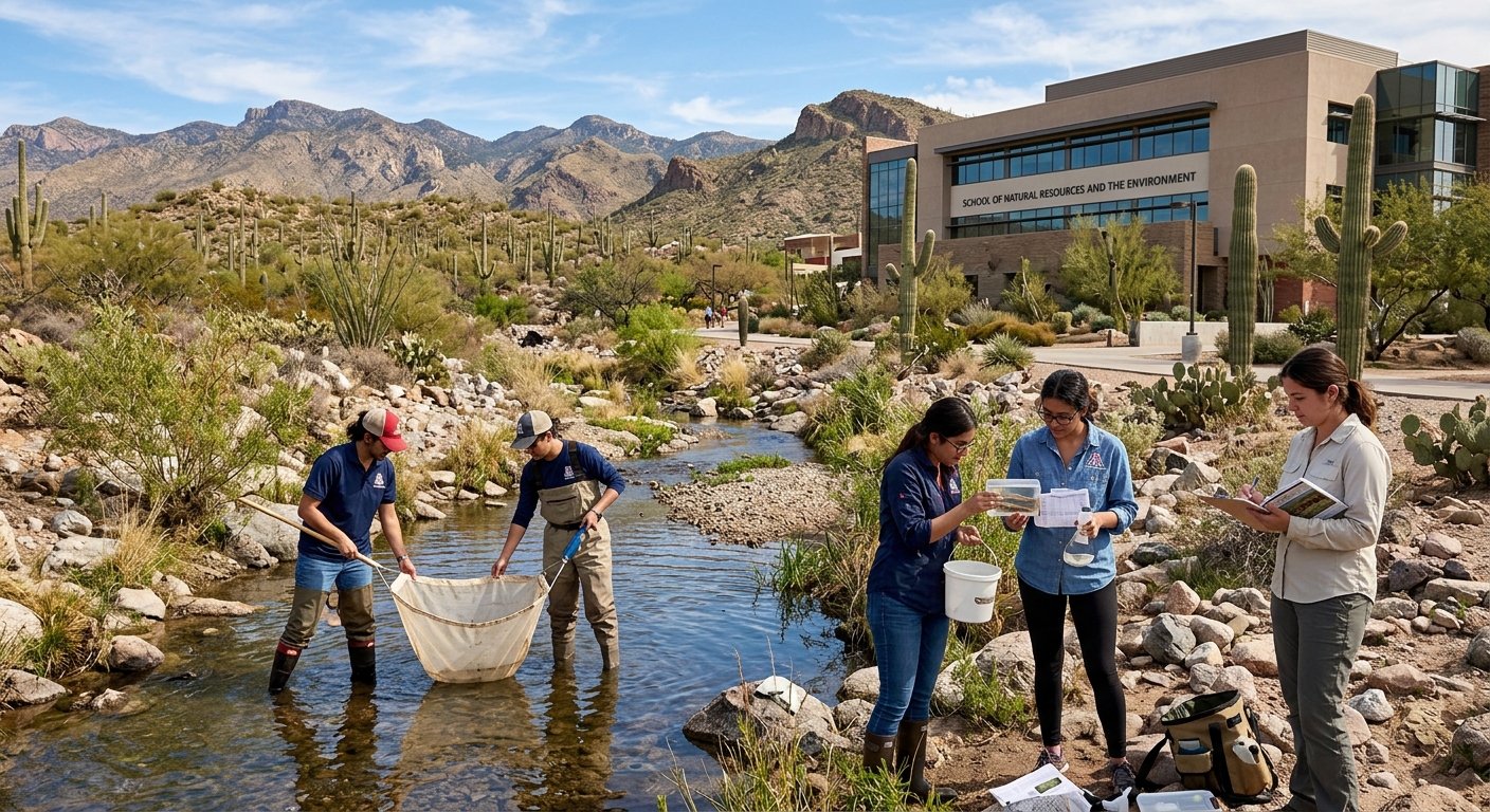 University of Arizona campus in Tucson with desert landscape, School of Natural Resources and the Environment building, students conducting field research near a desert stream with native fish species, Sonoran Desert backdrop with saguaro cacti and blue sky