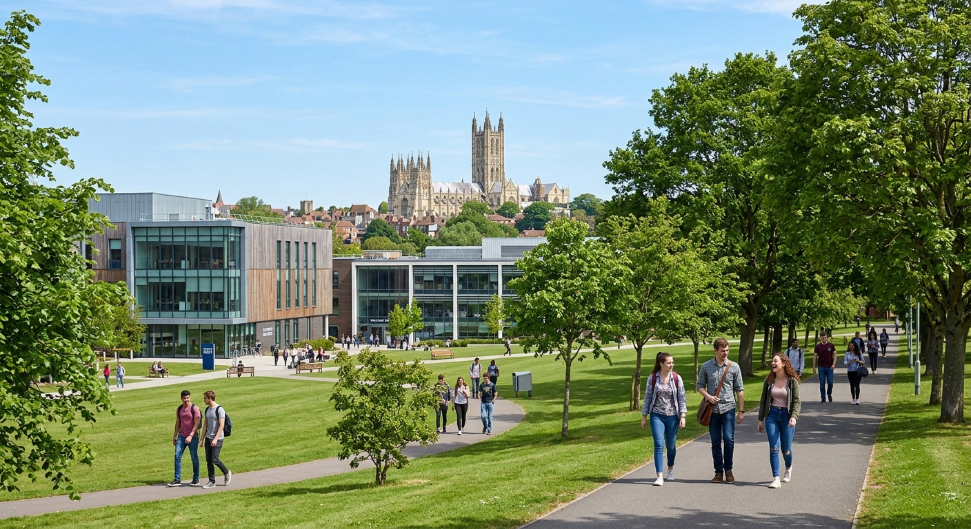 University of Kent Canterbury campus with historic cathedral in background, green parkland, modern academic buildings, students walking along tree-lined paths under clear blue sky