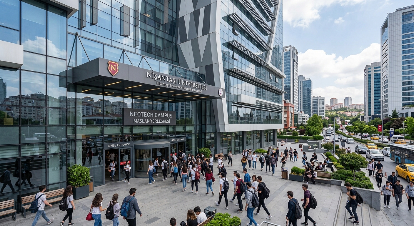 Nisantasi University NeoTech Campus exterior, modern glass facade building in Maslak district, urban Istanbul setting, students entering the main entrance, contemporary architecture